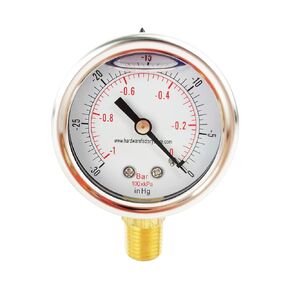 HFS(R) -30 inHg-0 PSI Vacuum Pressure Gauge Glycerin Liquid Filled, 2.5" Dial Size, 1/4" NPT Lower Mount, Stainless Steel Case, PSI and Bar Dual Scale