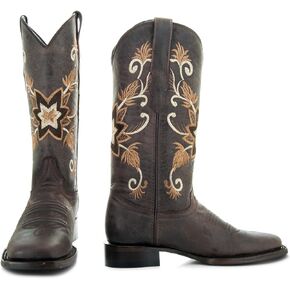 Soto Boots Women's Flower Embroidery Square Toe Boots, Women's Embroidered Cowgirl Boots, Geniune Leather Handcrafted Cowgirl Boots M50062 Brown
