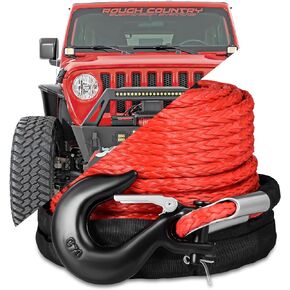Teodute 3/8" x 92ft Synthetic Winch Rope, 26500lbs Winch Rope Cable Kit, Winch Line Replacement with Protective Sleeve and Heavy Duty Forged Winch Hook for 4WD Off Road Vehicle Truck ATV UTV SUV (RED)