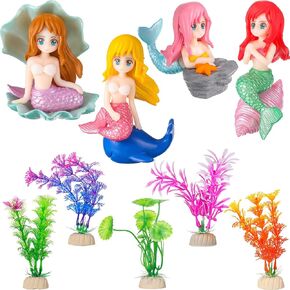 Jetec 9 Pieces Fish Tank Cute Mermaid Ornament and Simulated Seaweed for DIY Craft Aquarium Desk Theme Thematic Decoration Pet Accessories