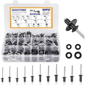 860Pcs Aluminum Rivets with Washers 3/32" 1/8" 5/32" 3/16", Black Rivets Set Pop Rivets Assortment Kit, SUVICTONG Blind Rivets for Metal