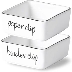 Farmhouse Square Paper Clip and Binder Clip Holders,Ceramic Binder Clip Dispenser Organizer for Desk, Cute Office Push Pins Holder, 3.3-Inch (White)