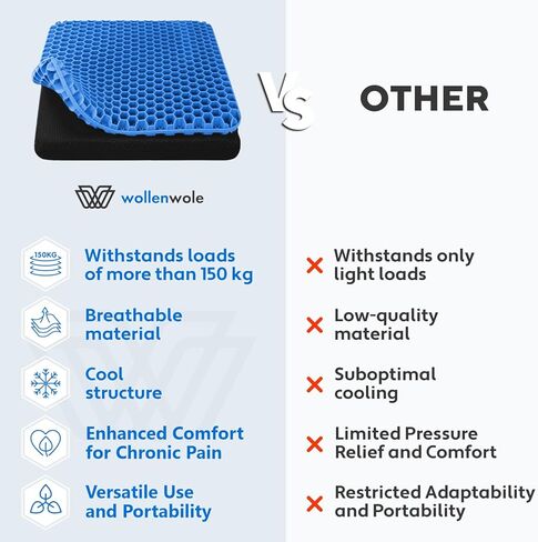 WOLLENWOLE Gel Enhanced Seat Cushion – Comfortable Cushion for Office Chair, Gaming, Travelling, Driving, Pain Relief Tailbone Coccyx with Foam Memory, Breathable Orthopedic Cushion Seat in Kuwait