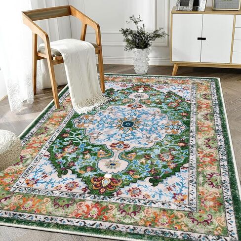 U'Artlines Boho Vintage Area Rug 3x5 Machine Washable Low Pile Soft Floor Carpet Non Slip Non Shedding Accent Rug for Living Room Bedroom Entryway Dining Room Office Green in Kuwait