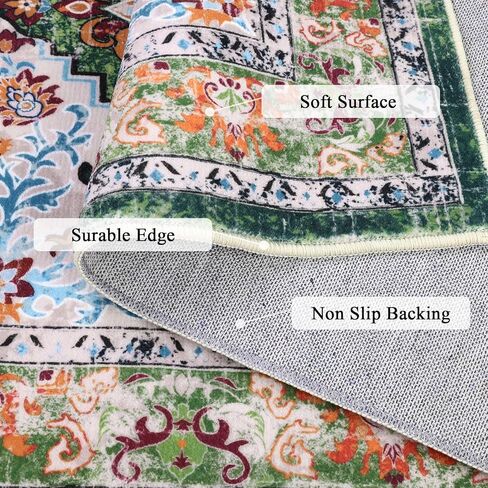 U'Artlines Boho Vintage Area Rug 3x5 Machine Washable Low Pile Soft Floor Carpet Non Slip Non Shedding Accent Rug for Living Room Bedroom Entryway Dining Room Office Green in Kuwait