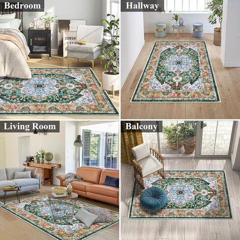 U'Artlines Boho Vintage Area Rug 3x5 Machine Washable Low Pile Soft Floor Carpet Non Slip Non Shedding Accent Rug for Living Room Bedroom Entryway Dining Room Office Green in Kuwait
