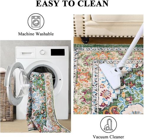 U'Artlines Boho Vintage Area Rug 3x5 Machine Washable Low Pile Soft Floor Carpet Non Slip Non Shedding Accent Rug for Living Room Bedroom Entryway Dining Room Office Green in Kuwait