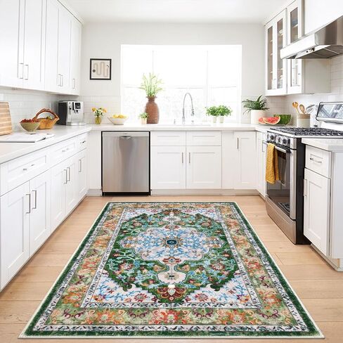 U'Artlines Boho Vintage Area Rug 3x5 Machine Washable Low Pile Soft Floor Carpet Non Slip Non Shedding Accent Rug for Living Room Bedroom Entryway Dining Room Office Green in Kuwait