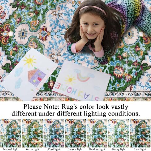 U'Artlines Boho Vintage Area Rug 3x5 Machine Washable Low Pile Soft Floor Carpet Non Slip Non Shedding Accent Rug for Living Room Bedroom Entryway Dining Room Office Green in Kuwait