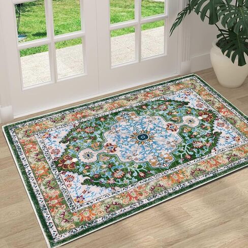 U'Artlines Boho Vintage Area Rug 3x5 Machine Washable Low Pile Soft Floor Carpet Non Slip Non Shedding Accent Rug for Living Room Bedroom Entryway Dining Room Office Green in Kuwait