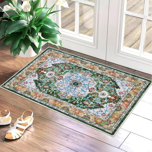 U'Artlines Boho Vintage Area Rug 3x5 Machine Washable Low Pile Soft Floor Carpet Non Slip Non Shedding Accent Rug for Living Room Bedroom Entryway Dining Room Office Green in Kuwait