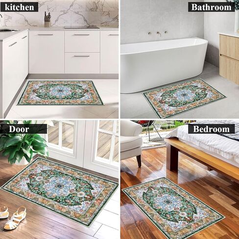U'Artlines Boho Vintage Area Rug 3x5 Machine Washable Low Pile Soft Floor Carpet Non Slip Non Shedding Accent Rug for Living Room Bedroom Entryway Dining Room Office Green in Kuwait