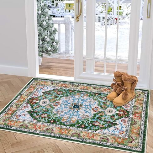U'Artlines Boho Vintage Area Rug 3x5 Machine Washable Low Pile Soft Floor Carpet Non Slip Non Shedding Accent Rug for Living Room Bedroom Entryway Dining Room Office Green in Kuwait