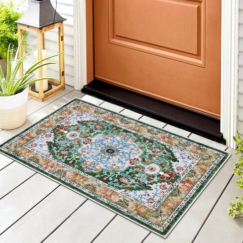U'Artlines Boho Vintage Area Rug 3x5 Machine Washable Low Pile Soft Floor Carpet Non Slip Non Shedding Accent Rug for Living Room Bedroom Entryway Dining Room Office Green in Kuwait