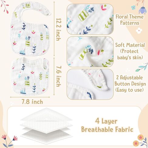 2ooya 7 قطع مرايل موسلين للأطفال، ملابس تجشؤ من القطن الماص للرضع، مرايل قابلة للتعديل من الراتنج، مرايل على شكل زهرة، مرايل للرضع، مرايل لعاب، تغذية، مرايل التسنين، هدية تذكارية للطفل in Kuwait