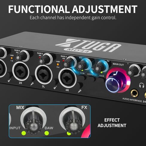واجهة صوت ستيريو XTUGA 4 قنوات أحادية / 2 قناة مع 4 مضخمات ميكروفون مع طاقة فانتوم 48 فولت 24 بت 192 كيلو هرتز لتسجيل الموسيقى بالكمبيوتر MD44 in Kuwait