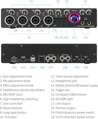 واجهة صوت ستيريو XTUGA 4 قنوات أحادية / 2 قناة مع 4 مضخمات ميكروفون مع طاقة فانتوم 48 فولت 24 بت 192 كيلو هرتز لتسجيل الموسيقى بالكمبيوتر MD44 in Kuwait