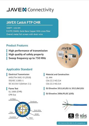 JAVEX CAT 6A Riser CMR Ethernet Cable 500FT Shielded FTP [UL Listed], Blue in Saudi Arabia