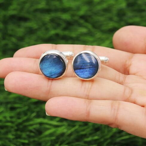 Gemstone Cufflinks, Cufflinks for Men, 925 Sterling Silver Cuff Links, Round Cufflinks for Men Labradorite/Larimar Gemstone in Saudi Arabia