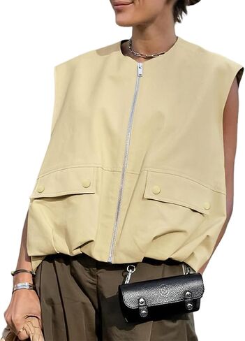 PAODIKUAI Women's Casual Zip Up Vest Cargo Ruched Hem Lightweight Sleeveless Blazer Oversized Jackets Top with Pockets in Saudi Arabia