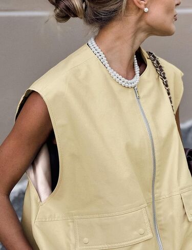 PAODIKUAI Women's Casual Zip Up Vest Cargo Ruched Hem Lightweight Sleeveless Blazer Oversized Jackets Top with Pockets in Saudi Arabia