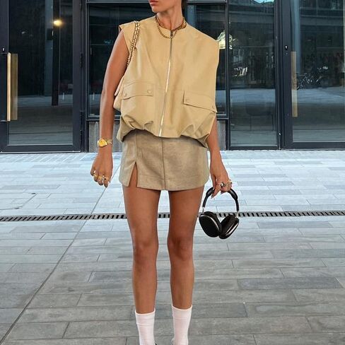 PAODIKUAI Women's Casual Zip Up Vest Cargo Ruched Hem Lightweight Sleeveless Blazer Oversized Jackets Top with Pockets in Saudi Arabia