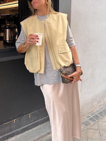 PAODIKUAI Women's Casual Zip Up Vest Cargo Ruched Hem Lightweight Sleeveless Blazer Oversized Jackets Top with Pockets in Saudi Arabia