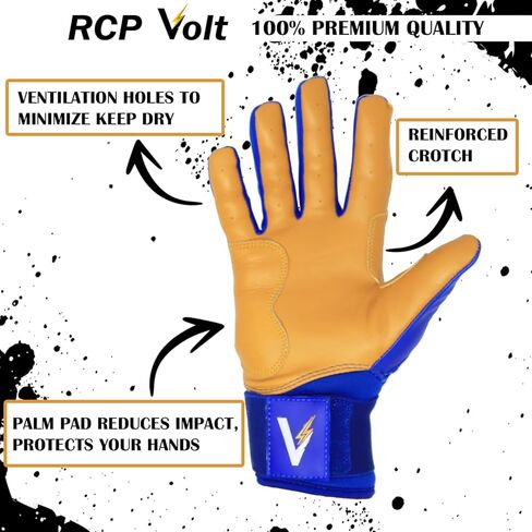 قفازات البيسبول والكرة اللينة من RCP Volt - مقاومة للتمزق والتمزق - فتحة معززة، أساور ممتدة ذات قبضة فائقة، حماية مبطنة، مقاسات قابلة للتعديل، قفازات الضرب in Kuwait