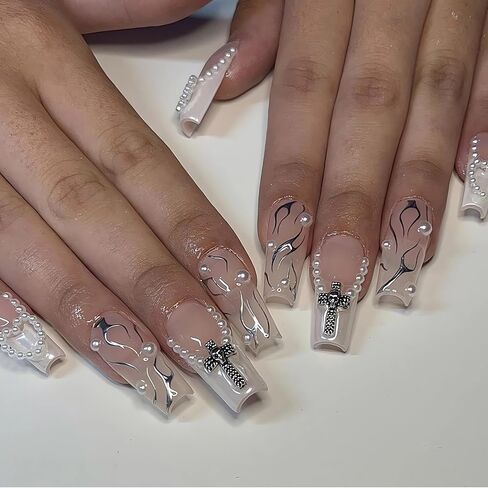 IMSOHOT Coffin Press on Nails Medium French Tips Fake Nails Clear Glossy False Nails with Metal Skull & Cross Designs Silver Flame Ballerina Acrylic Nails Glue on Nails for Women 24Pcs in Saudi Arabia