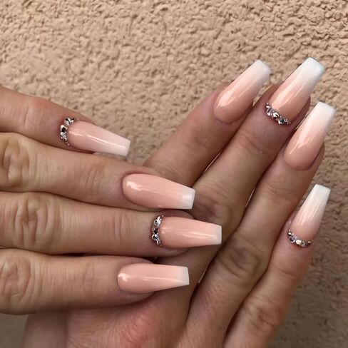 IMSOHOT Coffin Press on Nails Medium French Tips Fake Nails Clear Glossy False Nails with Metal Skull & Cross Designs Silver Flame Ballerina Acrylic Nails Glue on Nails for Women 24Pcs in Saudi Arabia