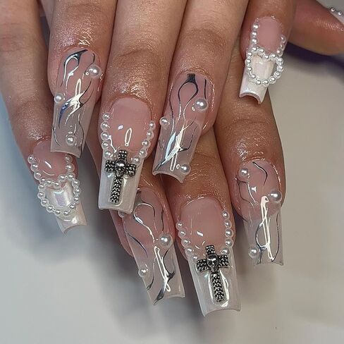 IMSOHOT Coffin Press on Nails Medium French Tips Fake Nails Clear Glossy False Nails with Metal Skull & Cross Designs Silver Flame Ballerina Acrylic Nails Glue on Nails for Women 24Pcs in Saudi Arabia