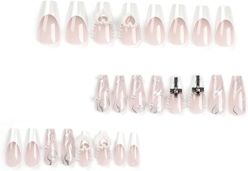 IMSOHOT Coffin Press on Nails Medium French Tips Fake Nails Clear Glossy False Nails with Metal Skull & Cross Designs Silver Flame Ballerina Acrylic Nails Glue on Nails for Women 24Pcs in Saudi Arabia
