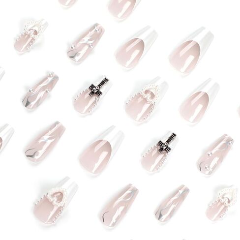 IMSOHOT Coffin Press on Nails Medium French Tips Fake Nails Clear Glossy False Nails with Metal Skull & Cross Designs Silver Flame Ballerina Acrylic Nails Glue on Nails for Women 24Pcs in Saudi Arabia