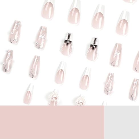 IMSOHOT Coffin Press on Nails Medium French Tips Fake Nails Clear Glossy False Nails with Metal Skull & Cross Designs Silver Flame Ballerina Acrylic Nails Glue on Nails for Women 24Pcs in Saudi Arabia