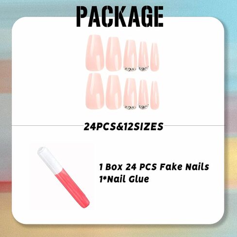 IMSOHOT Coffin Press on Nails Medium French Tips Fake Nails Clear Glossy False Nails with Metal Skull & Cross Designs Silver Flame Ballerina Acrylic Nails Glue on Nails for Women 24Pcs in Saudi Arabia