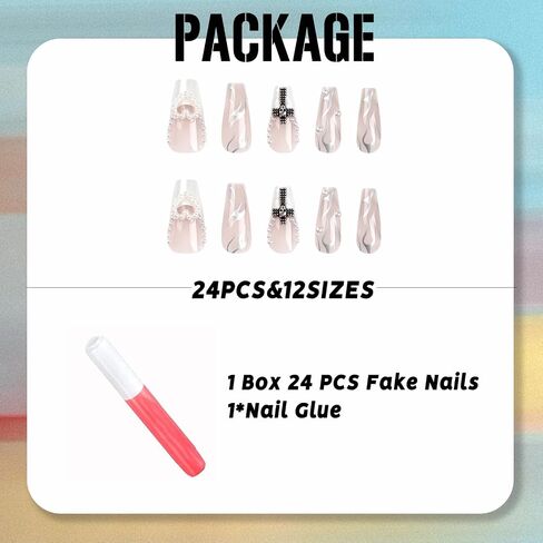 IMSOHOT Coffin Press on Nails Medium French Tips Fake Nails Clear Glossy False Nails with Metal Skull & Cross Designs Silver Flame Ballerina Acrylic Nails Glue on Nails for Women 24Pcs in Saudi Arabia