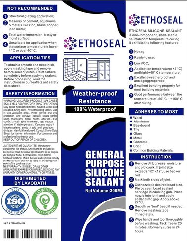 Clear EthoSeal Waterproof Caulk & Sealant 100% RTV Silicone Sealant, 10oz Cartridge, Zero Odor & Won't Yellow Silicone Clear in Saudi Arabia