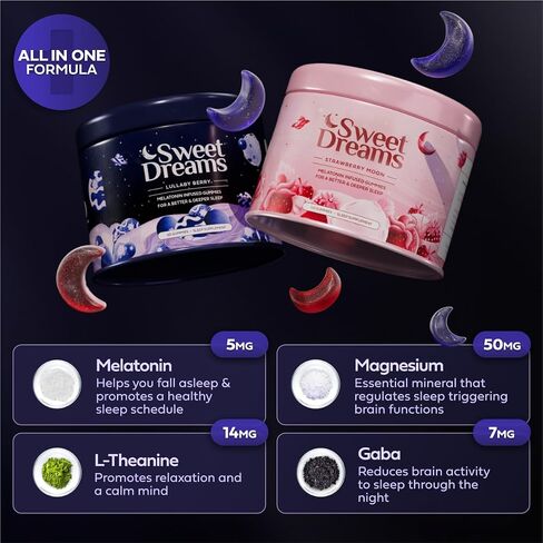 مساعد النوم الطبيعي من SweetDreams Dream Gummies للبالغين، 5 ملغ من الميلاتونين والمغنيسيوم وL-الثيانين - مكمل غذائي نباتي - علكات الميلاتونين لدورات النوم العميق المريحة (قمر الفراولة) in Saudi Arabia