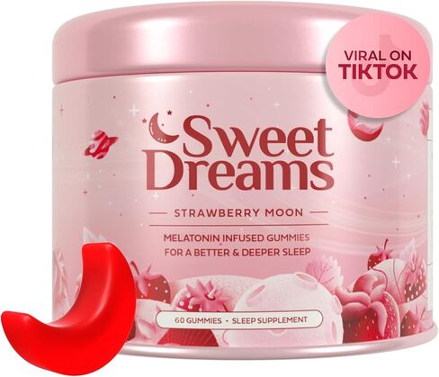 مساعد النوم الطبيعي من SweetDreams Dream Gummies للبالغين، 5 ملغ من الميلاتونين والمغنيسيوم وL-الثيانين - مكمل غذائي نباتي - علكات الميلاتونين لدورات النوم العميق المريحة (قمر الفراولة) in Saudi Arabia