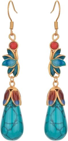 أقراط فيروزية للنساء أقراط فيروزية متدلية على شكل قطرة دمعة 14 قيراط مطلية بالذهب 925 خطاف من الفضة الاسترليني لطيف بيضاوي فيروزي مجوهرات هدية للفتيات المراهقات in Kuwait