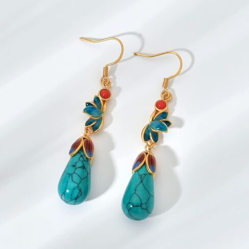 أقراط فيروزية للنساء أقراط فيروزية متدلية على شكل قطرة دمعة 14 قيراط مطلية بالذهب 925 خطاف من الفضة الاسترليني لطيف بيضاوي فيروزي مجوهرات هدية للفتيات المراهقات in Kuwait