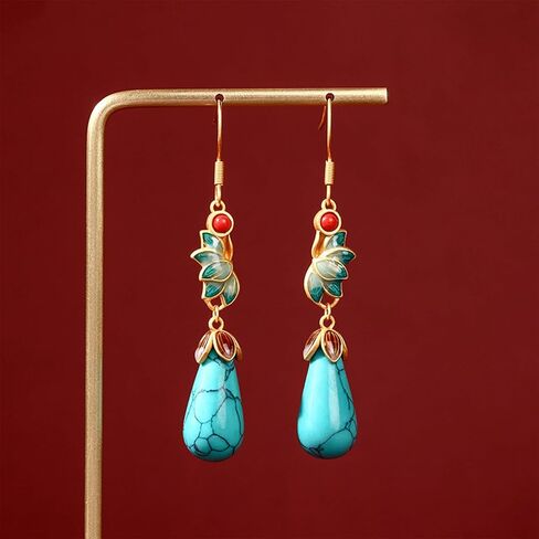 أقراط فيروزية للنساء أقراط فيروزية متدلية على شكل قطرة دمعة 14 قيراط مطلية بالذهب 925 خطاف من الفضة الاسترليني لطيف بيضاوي فيروزي مجوهرات هدية للفتيات المراهقات in Kuwait