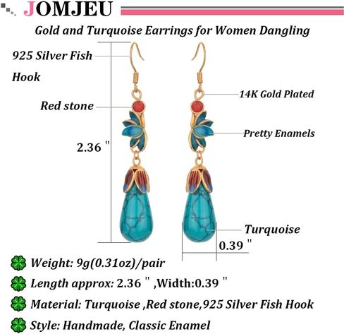 أقراط فيروزية للنساء أقراط فيروزية متدلية على شكل قطرة دمعة 14 قيراط مطلية بالذهب 925 خطاف من الفضة الاسترليني لطيف بيضاوي فيروزي مجوهرات هدية للفتيات المراهقات in Kuwait