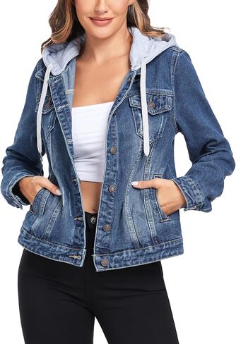 Anienaya Women's Hooded Jean Jacket Drawstring Layered Washed Long Sleeve Detachable Hoodie Denim Jacket w 2 Pockets in Saudi Arabia