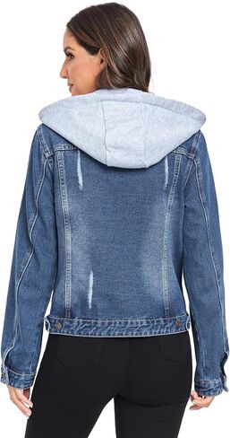 Anienaya Women's Hooded Jean Jacket Drawstring Layered Washed Long Sleeve Detachable Hoodie Denim Jacket w 2 Pockets in Saudi Arabia