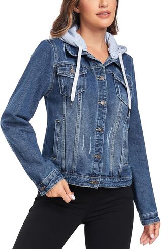 Anienaya Women's Hooded Jean Jacket Drawstring Layered Washed Long Sleeve Detachable Hoodie Denim Jacket w 2 Pockets in Saudi Arabia