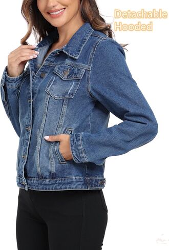 Anienaya Women's Hooded Jean Jacket Drawstring Layered Washed Long Sleeve Detachable Hoodie Denim Jacket w 2 Pockets in Saudi Arabia