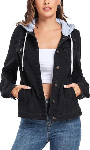 Anienaya المرأة مقنعين جان سترة الرباط الطبقات غسلها طويلة الأكمام انفصال هوديي الدنيم سترة ث 2 جيوب in Kuwait