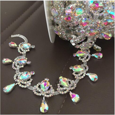 1 Yard Gold Rhinestone Fringe Chain Crystal AB Trim, Bridal Applique Beaded Tassel (Crystal AB - Gold Base) in Saudi Arabia