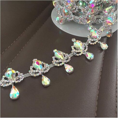 1 ياردة كريستال AB هامش سلسلة حجر الراين الزفاف زين مطرز بالخرز فضي/ذهبي (كريستال AB - قاعدة فضية) in Kuwait